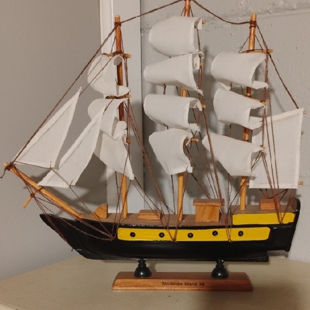 Wooden Clipper Ship On Sturdy Wooden Base